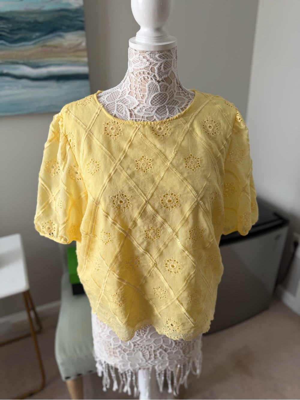 Yellow Eyelet Short Sleeve Women's Top